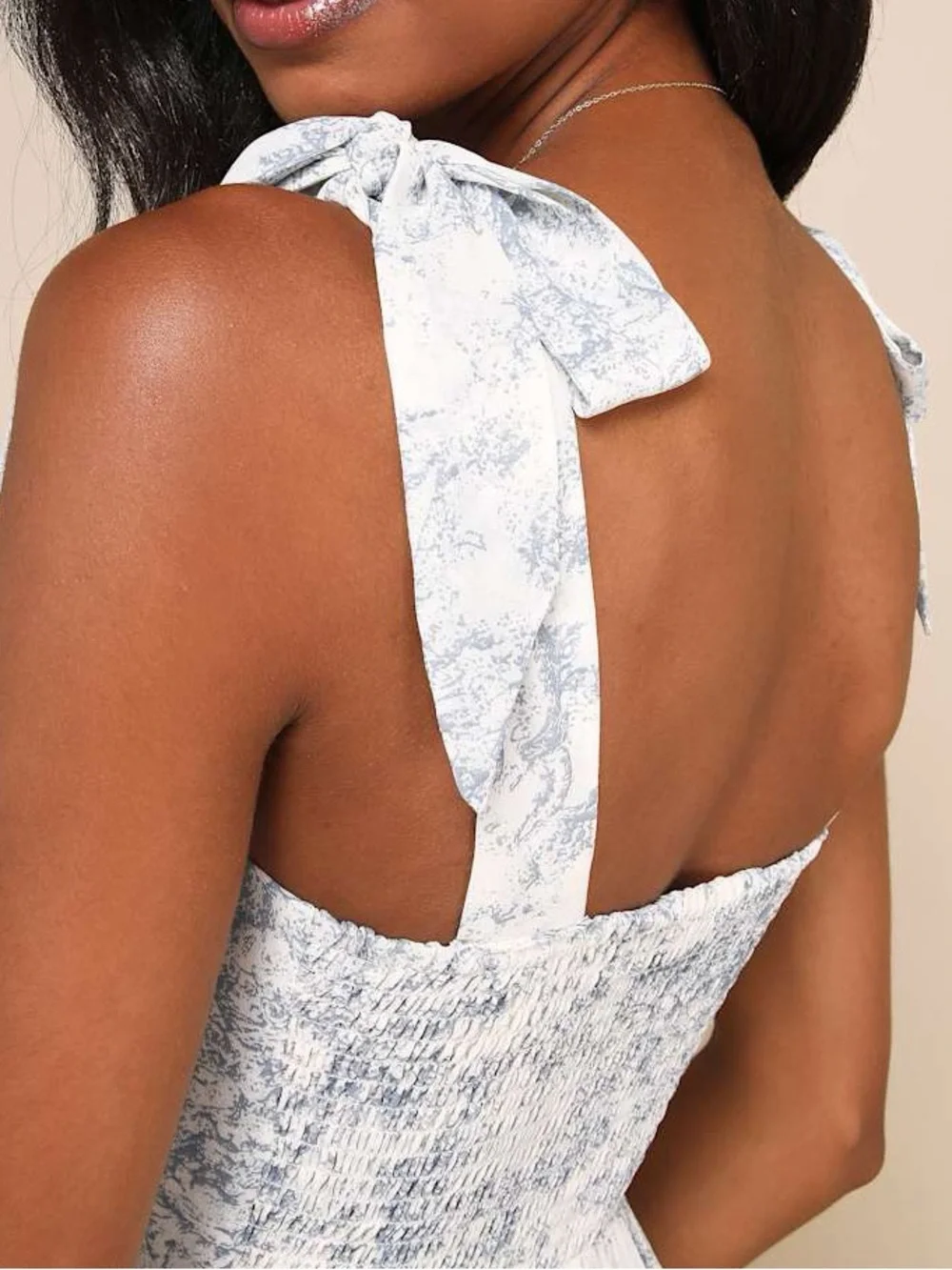 NWT Lulus Summer Invite White and Blue Toile Tie-Strap Tiered Midi Dress - Picture 4 of 7